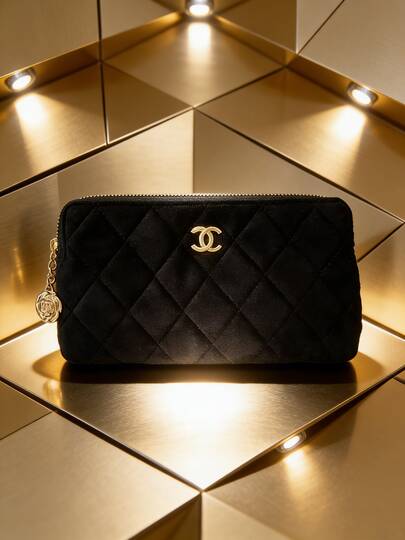 CHANEL Velvet Makeup Bag, Portable Cosmetic Bag, Wallet, Camellia Flower Pattern, Elegant Small Storage Pouch