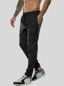 Men's Tactel Jogger Pants With Elastane, Gym Training, Elastic Waistband, Drawstring, And Functional Pocket - Black - View 3