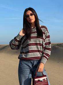 HZXVIC 2026 New Retro Contrast Striped Polo Collar Casual Versatile Knit Sweater Spring - Grey - View 6