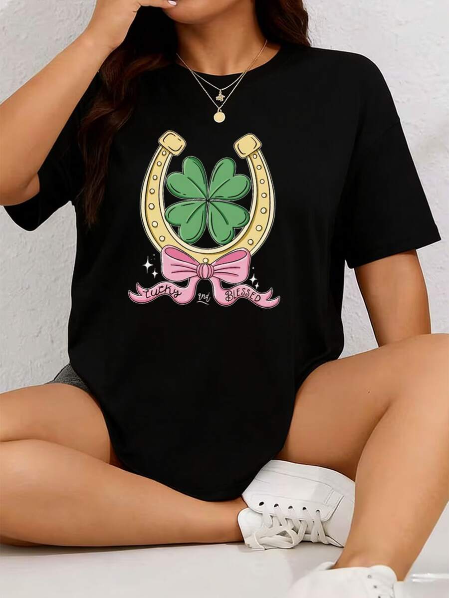 Women's Cotton Crew Neck Short Sleeve Lucky Four Leaf Clover Horseshoe Graphic Tee For Casual Daily Wear, Casual Tops Women - 黑色 - 查看 1