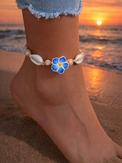 1 pieza Tobillera de mujer de concha acrílica, estilo bohemio hecha a mano con flor de cerámica suave en rosa/azul/blanco, adecuada para uso diario, playa, vacaciones, San Valentín, cumpleaños, regalo de vacaciones