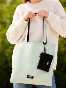 Prada Bolso de lona, verde y negro, bolso cosmético de gran capacidad, cierre con cremallera superior, correa para el hombro, reversible - Negro y verde - Ver 6