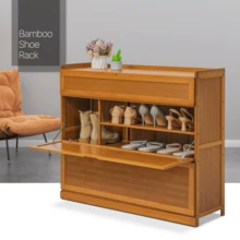 Bamboo 5 Tier Shoe Storage Cabinet With Pull-Down Doors For Heels Sneakers Shoes Rack Organizer For 31-35 Pairs Entryway Hallway Living Room - màu nâu - Xem 2