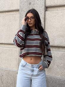 HZXVIC 2026 New Retro Contrast Striped Polo Collar Casual Versatile Knit Sweater Spring - Grey - View 3