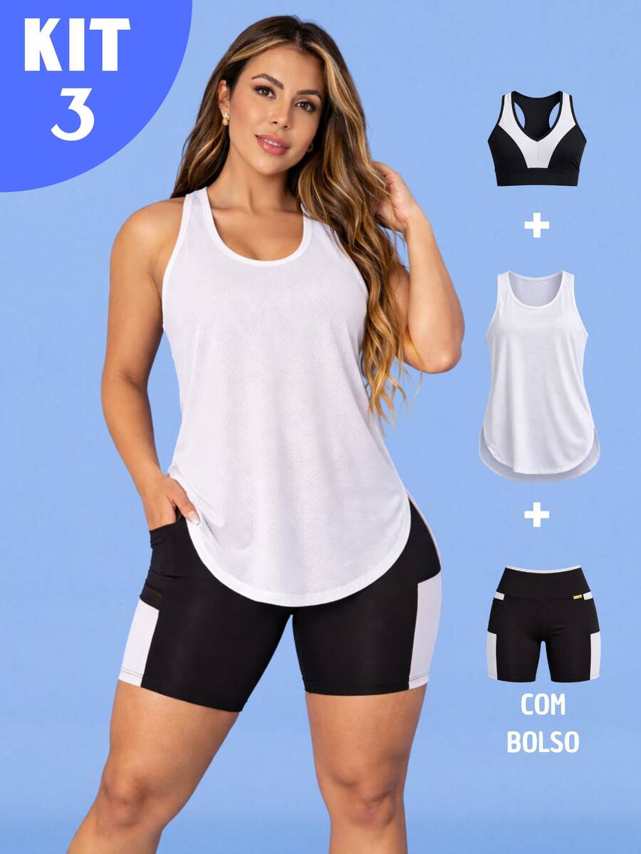 Kit Of 3: Women's Fitness Set - Top, Shorts, Pocket Tank Top, Dry Fit, Gym - Tarelles - 白色 - 查看 1