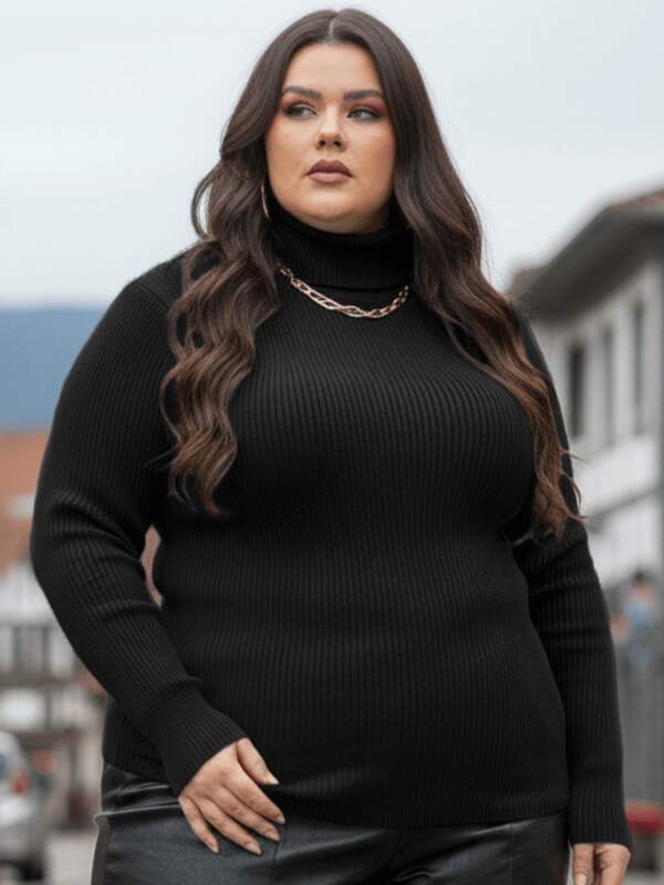Blusa Cacharrel Plus Size Gola Alta Canelada Tricot Manga Longa Básica Inverno Casual Elegante