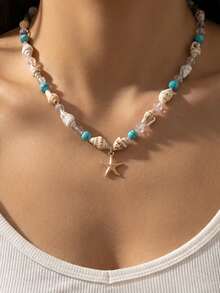 1pc Bohemian Starfish & Seashell Beaded Necklace - Blue - View 1