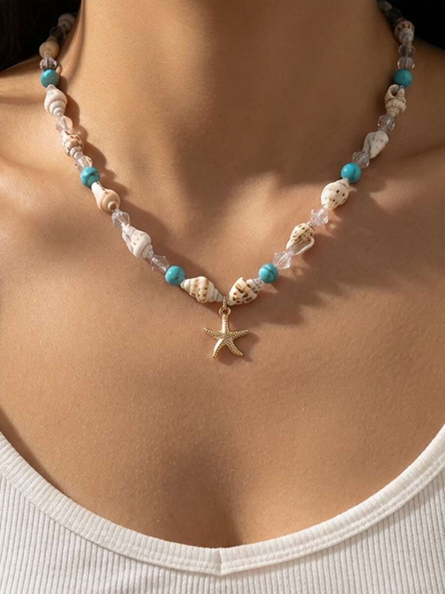 1pc Bohemian Starfish & Seashell Beaded Necklace - Blue - View 1