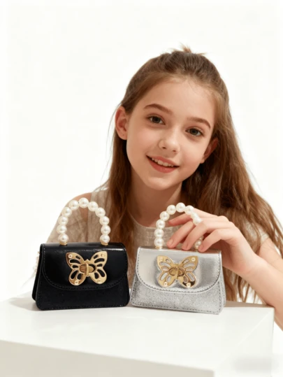 Children's Fashionable Butterfly Pearl Handbag, Holiday Gift, PU Leather Butterfly Lock Mini Bag, Princess Coin Purse, Mini Bag In Gold, Silver, Black Colors