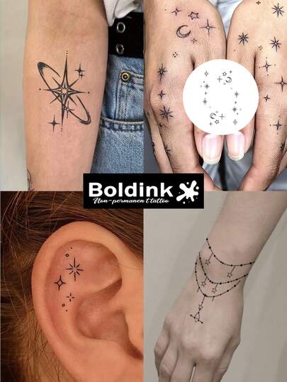  Boldink 2pcs Simple & Fresh Star Series Decorative Temporary Tattoos, Waterproof Body Art Tattoos Lasting 1-2 Weeks, Fruit Juice Tattoos, Ideal For Autumn/Winter Body Decoration, Suitable For Both Men And Women, Must-Have For Trendsetters
