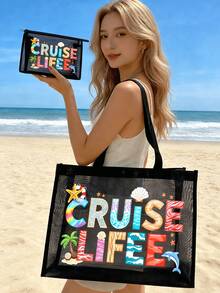 2pcs/Set Large Capacity Mesh Beach Bag Set - Foldable Waterproof Anti-Sand Mesh Tote Bag With Cruise Life Print + Matching Mesh Cosmetic Bag, Breathable & Reusable, Suitable For Swimming And Poolside. With Letter Decor And Multi-Pocket Storage Design, Great For Storing Towels - Multicolor - View 3