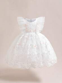 Young Girls Beaded Embroidered Mesh Cap Sleeve Elegant Flower Girl Wedding Princess Dress, Suitable For Birthday, Prom, Vacation, Party, Does Not Include Headband - White - View 3