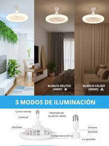 Ventilador de Techo con Luz LED Alto Flujo de Aire Abanico 3 Modos de Iluminación Luz Cálida, Neutra y Fría Diseño Ergonómico Viento Refrescante  para Combatir el Calor Silencioso Socket Universal Luz Ajustable Eficiente Ideal para el Hogar - Blanco - Ver 3