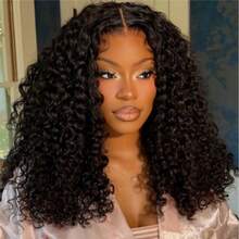 女士奢华长款深波浪假发 - 无胶蕾丝前假发，预剪预拔毛 5x5 高清网状假发，即戴即用深波浪卷刘海假发，耐热合成纤维假发，自然发际线 - 自然色&黑色系 - 查看 2