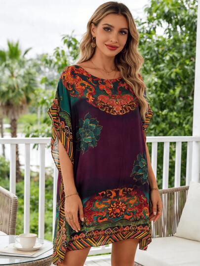 1 chiếc áo khoác kimono bằng chiffon in hoa phong cách Bohemian cổ điển, dáng rộng, nhẹ, thích hợp cho kỳ nghỉ hè ở bãi biển, che bikini, thoáng khí, dáng rộng, kiểu mở phía trước, cỡ lớn.