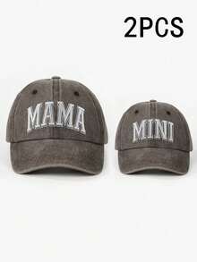 2顶绣有“MAMA + MINI”字样的亲子款水洗棒球帽，可调节户外遮阳帽，男女童均适用，适合春季、秋季、旅行、海滩等场合。 - 刺繡 - 查看 15