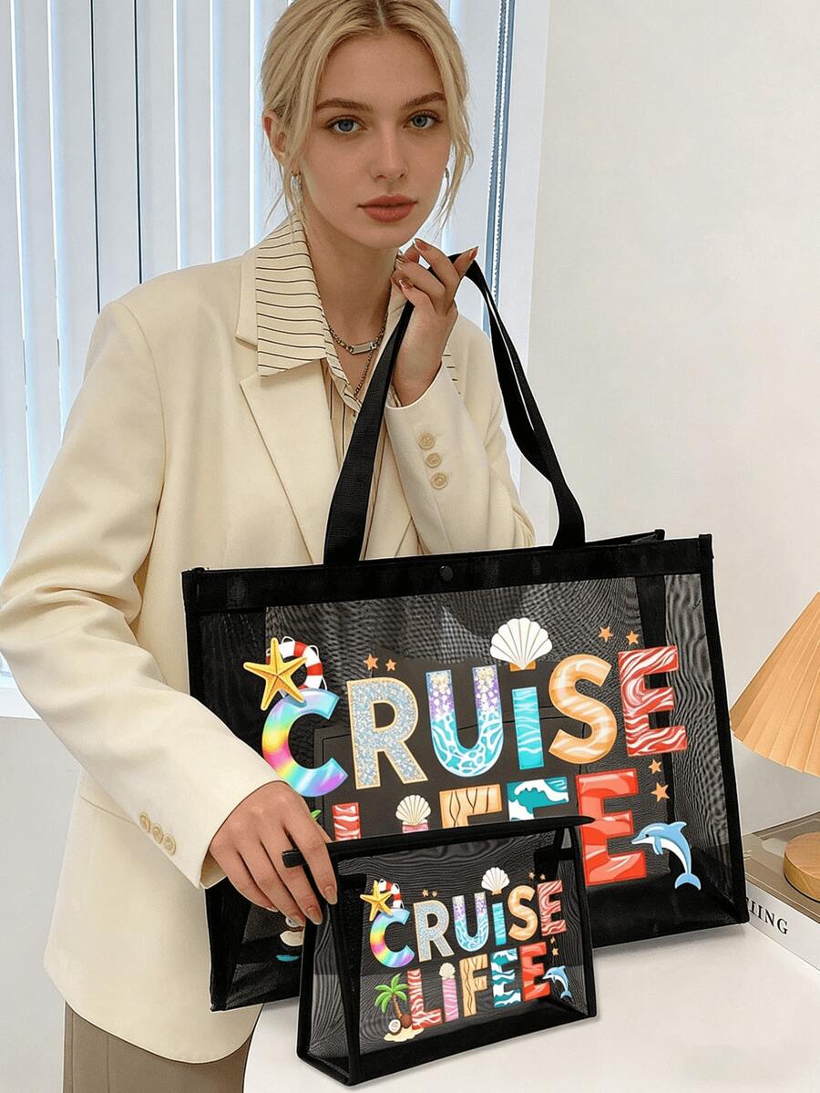 2pcs/Set Large Capacity Mesh Beach Bag Set - Foldable Waterproof Anti-Sand Mesh Tote Bag With Cruise Life Print + Matching Mesh Cosmetic Bag, Breathable & Reusable, Suitable For Swimming And Poolside. With Letter Decor And Multi-Pocket Storage Design, Great For Storing Towels - Multicolor - View 1