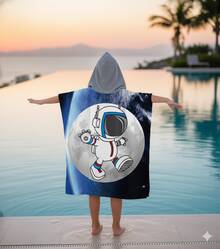 Children's Astronaut Cotton Poncho Towel For Beach, Pool, Bath, Summer, Girls'/Boys' With Hood, Terry Cloth, Cute Decor - 藍色 - 查看 2