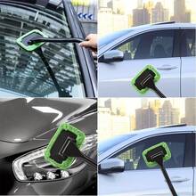 6-Piece/Set Green Reusable Car Window Cleaning Kit, Long Handle Windshield Wiper With 5 Microfiber Pads, No Power Needed Vehicle Window Cleaner Brush Set - B - View 3