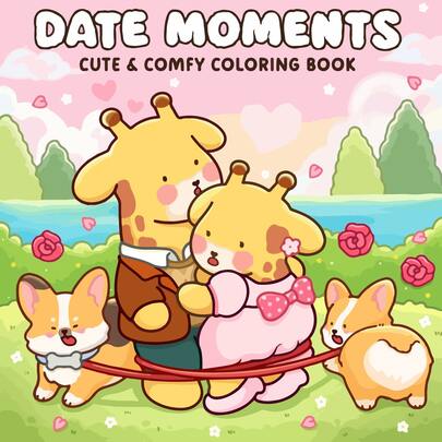 48 Pages 230g Date Moments Adult Coloring Book - Giraffe Couple + Corgi Companion Themes, Soothing Coloring Book For Relaxation, Perfect Gift For Wedding Season And Mother's Day