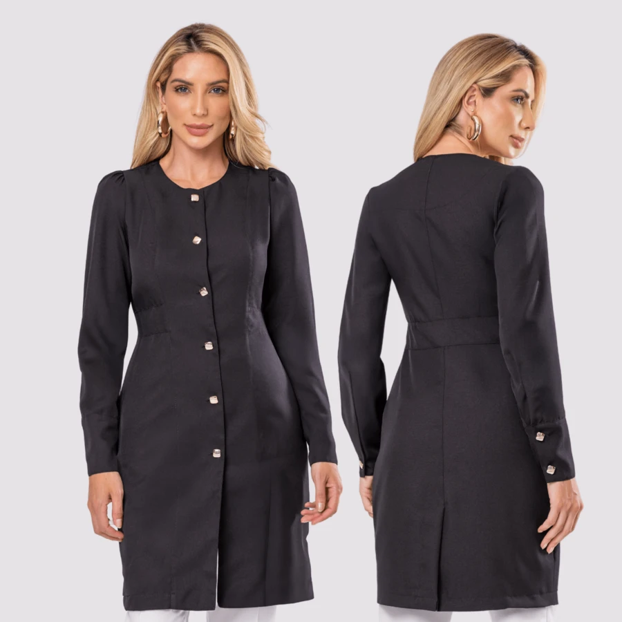 Women's Long Sleeve Button Gabardine Lab Coat Oli - Black - View 1