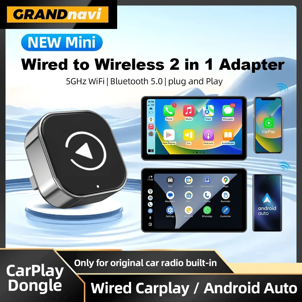 二合一无线CarPlay和Android Auto适配器，即插即用CarPlay转换器，快速自动连接，无延迟，设计小巧，兼容和安卓设备，配备USB/USB-C接口，支持无线Android Auto，升级车载音响，时尚汽车配件，提供高品质音频，无需电池
