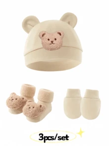 3pcs Baby Bear Ear Hat, Scratch Mittens & Booties Set, Infant Beanie Cap Suitable For 0-6 Months Babies - 3pcs/set - View 2