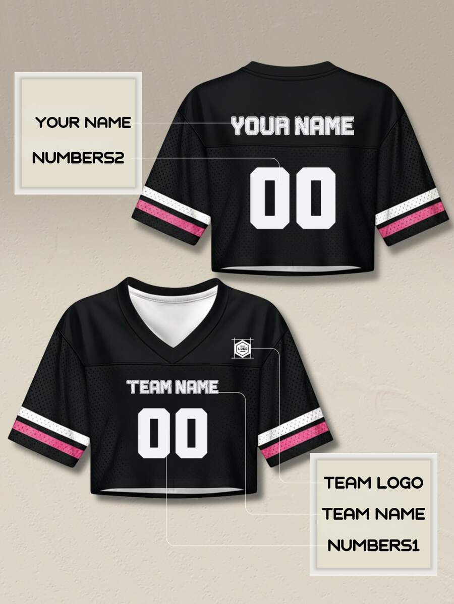 Áo bóng đá nữ màu đen thiết kế riêng, kiểu áo croptop, phong cách đường phố, in hình thành phố, có thể tùy chỉnh tên và số, thiết kế miễn phí, giao hàng nhanh, thiết kế trễ vai.