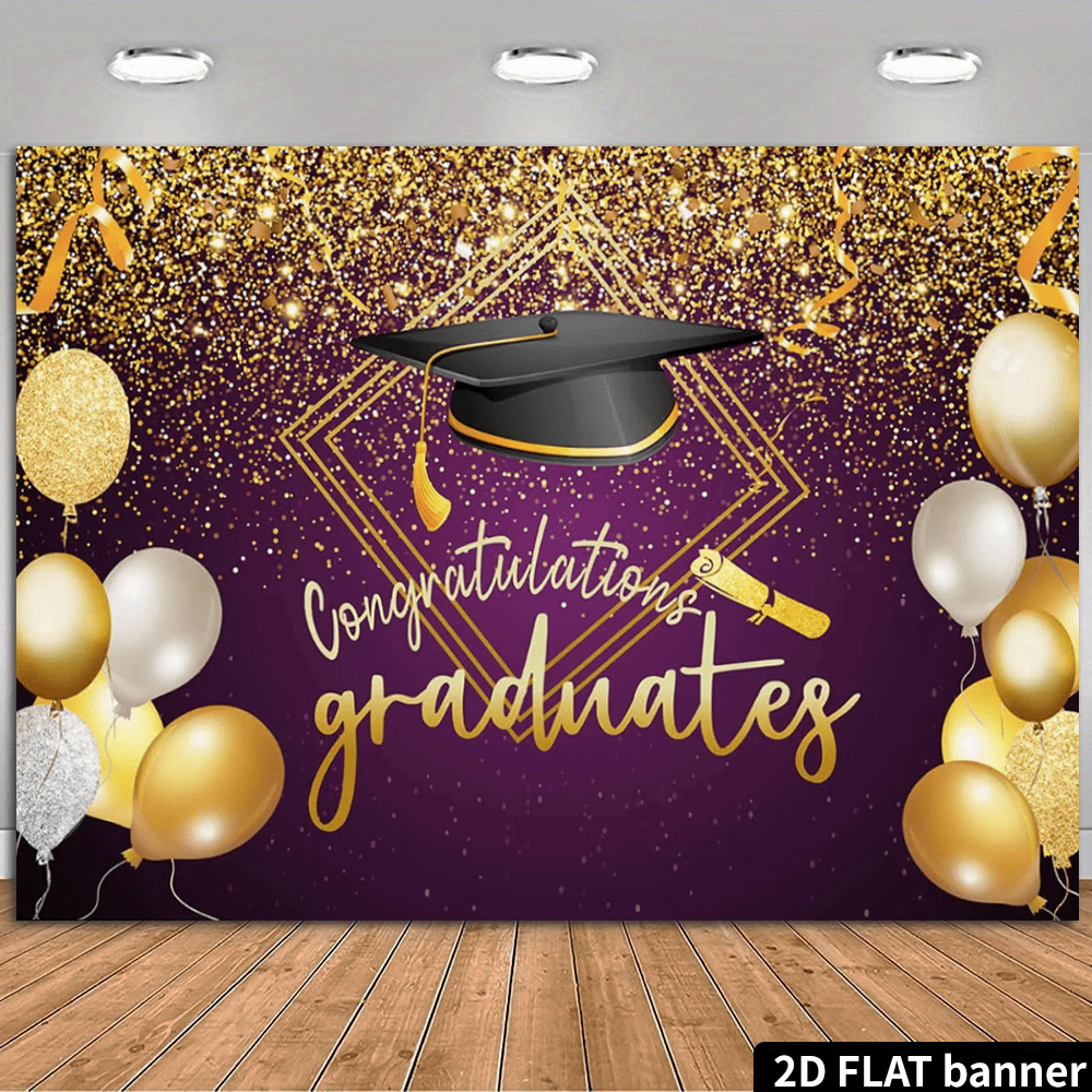 2D Sfondo piatto per festa di laurea, viola e oro, testo "Congratulazioni laureati", berretto da laurea, diploma, palloncini, brillantini, decorazioni per feste, sfondo fotografico, poliestere, senza alimentazione elettrica