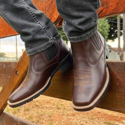 Botina Texana Masculina Bota Confortavel Country Bico Quadrado Rodeio Elastica