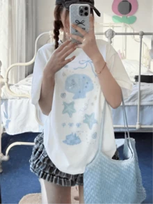韩版甜美贝壳印花短袖T恤，女式宽松休闲浅蓝色夏季上衣 白色 - 白色 - 查看 2