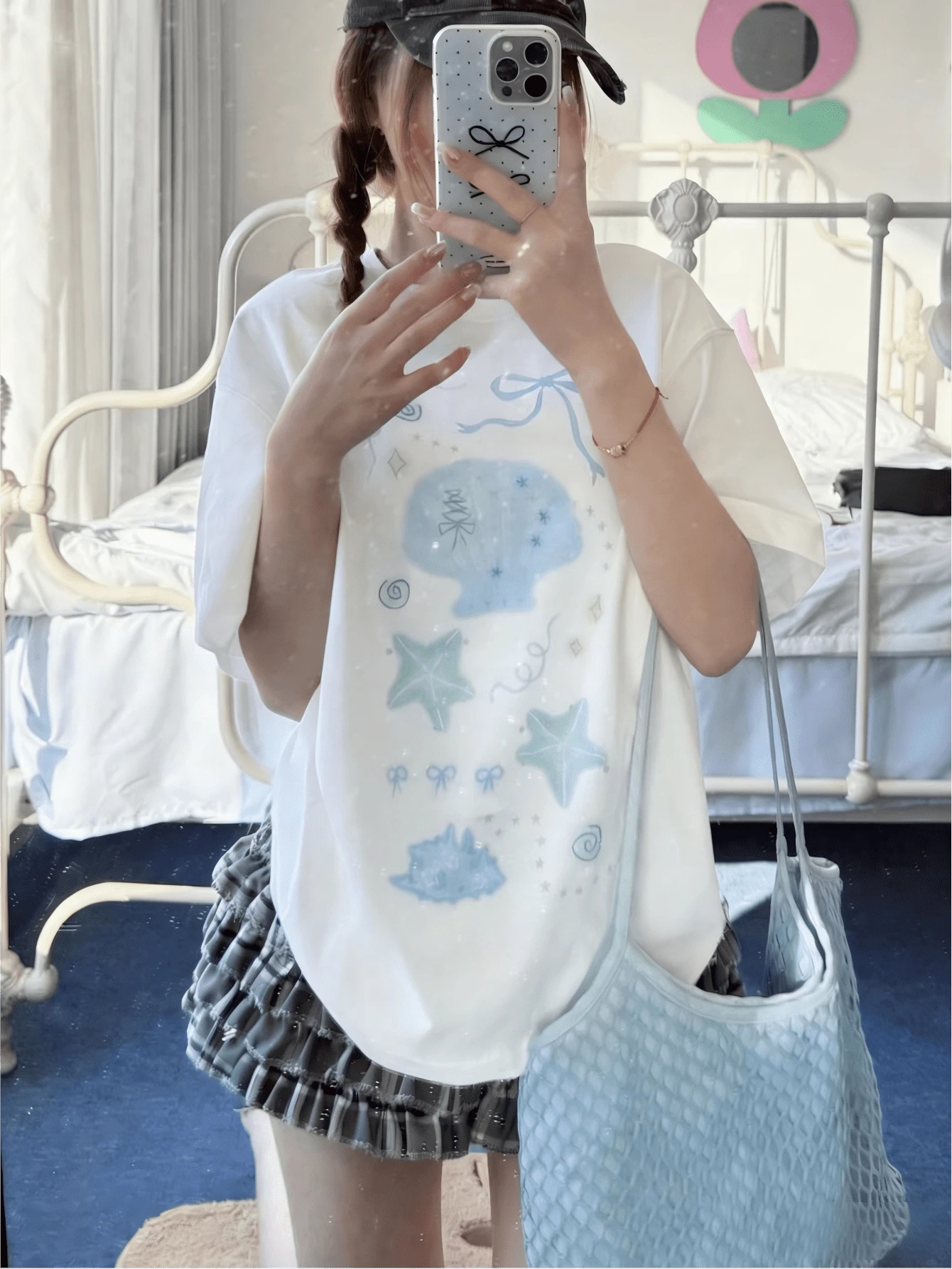 Korean Sweet Style Shell Print Short Sleeve T-Shirt, Women's Loose Casual Light Blue Summer Top White - White - View 1
