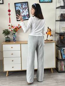 Nike Sportswear Solid Color Brand Logo Mid-Rise Loose Wide Leg Drawstring Casual Pants, Grey - Grey - View 10