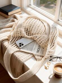 Lightweight Casual Women's Minimalist Large Capacity Hollow Knitted Tote Bag, Crochet Woven Bag, Beach Bag, Travel Essential, Extra Large Capacity Handbag, White Shoulder Bag, Women's Bag, Large Capacity Tote, Travel Backpack, Travel Essential, Suitable For Spring Outfits, Valentine's Day/Mother's Day Gift - Beige - View 5