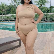 Biquini manga nula  elegante    Rosa 3d  Apliques  Assimétrico    Férias  Praia  viagem - Bege - Visão 1