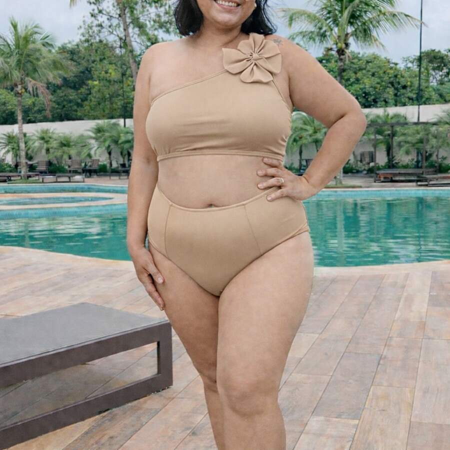 Biquini manga nula  elegante    Rosa 3d  Apliques  Assimétrico    Férias  Praia  viagem - Bege - Visão 1