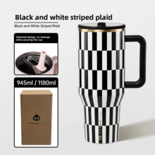 HYDROJUG32OZ&40OZ Straw Cup Large Capacity Car Insulated Cup Office Water Cup Men And Women High-Looking 2026 New Exclusive Style Coffee Plaid - Sọc đen trắng - Xem 4