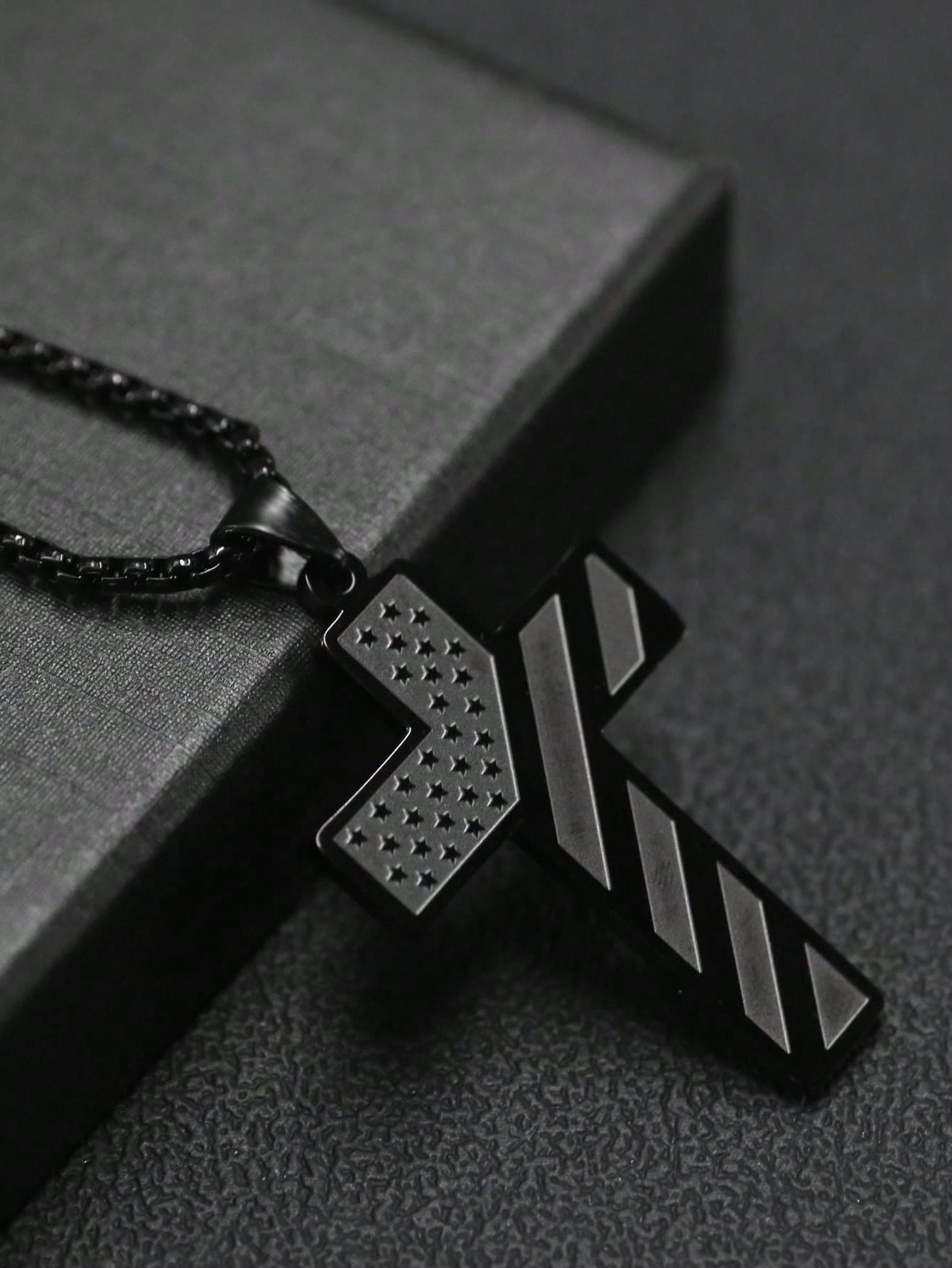 1pc Men's Stainless Steel Cross & Bible Verse American Style Pendant Necklace - Black Cross - View 1