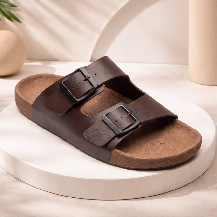 Unisex Adjustable Sandal, Plain, Casual - Coffee Brown - View 1