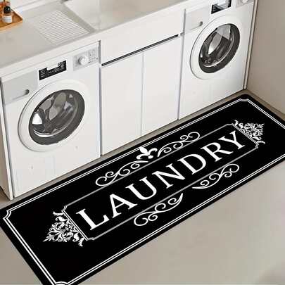 1 件装现代黑色“LAUNDRY”字母地垫，简约风格，优雅白色花卉边框，适用于洗衣房和厨房的时尚装饰地毯，走廊地毯，小地毯，地垫，家居装饰，客厅地毯，客厅家居装饰，厚实/柔软，可水洗地毯