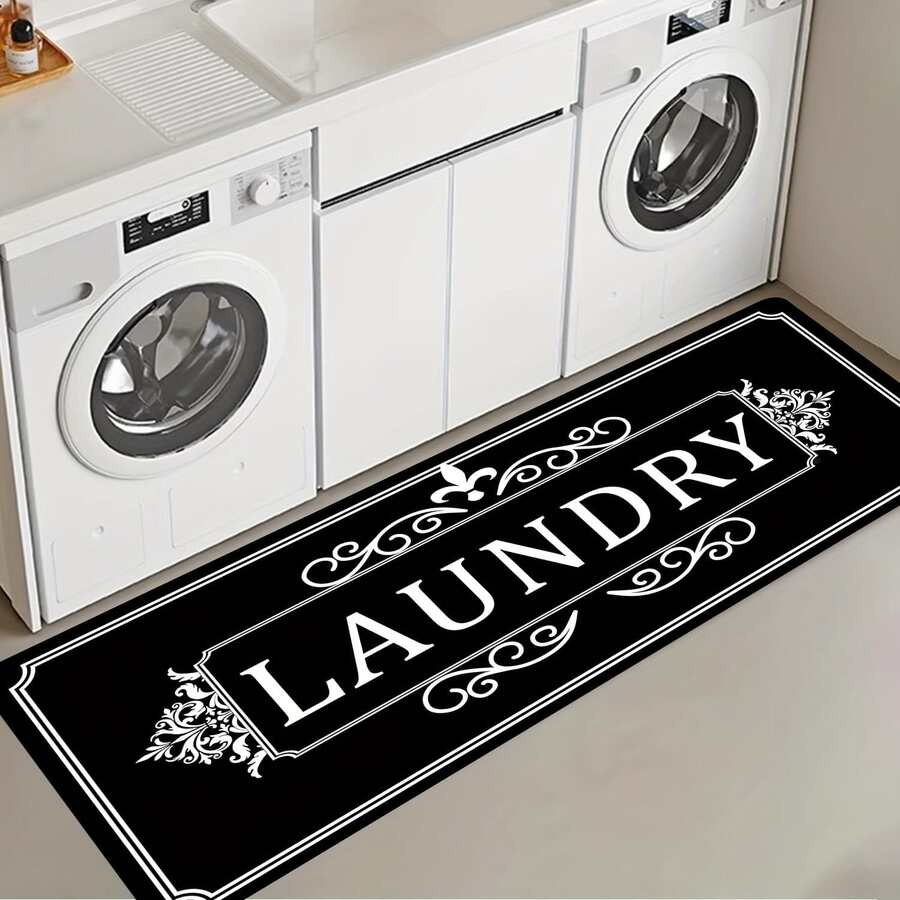 1 件装现代黑色“LAUNDRY”字母地垫,简约风格,优雅白色花卉边框,适用于洗衣房和厨房的时尚装饰地毯,走廊地毯,小地毯,地垫,家居装饰,客厅地毯,客厅家居装饰,厚实/柔软,可水洗地毯 - 簡約款 - 查看 1