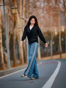 adidas originals Loose AW24 經典運動系列 條紋舒適親膚寬褲 女款 牛仔藍 - 牛仔藍 - 查看 8