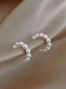 1 par de pendientes de clip con perlas falsas, con forma de hueso en forma de C, minimalistas y de moda, adecuados para mujeres, accesorio de moda, regalo de cumpleaños, uso diario (cantidad de perlas al azar) - Dorado - Ver 3