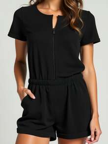 Curve And Plus Size Jumpsuit In Black Fleece With Zipper For Women (Adult) - Black - View 2