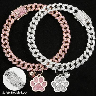 2pcs Luxury Hip Hop Pet Cuban Chain, Classic Dog Rhinestone Necklace With Cat Claw Pendant, Pet Alloy Collar Accessories, Hip Hop Style Decor, Suitable For Daily Wear And Parties