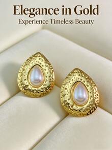 Retro Pearl Earrings - Thick Gold Geometric Oval Pearl Stud Earrings With Exaggerated Texture, Round And Unique Style Earrings, Fashionable Jewelry Gift, Baroque Pearl Earrings, Women's Large Golden Pearl Earrings, Irregular Large Pearl Earrings, Unique And Fashionable Jewelry.(1/3pairs) - Multicolor - View 4