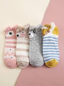 4 pares de calcetines tipo barco con orejas de zorro de dibujos animados y boca poco profunda para mujer, para primavera/verano - Multicolor - Ver 7