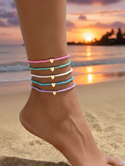 Set de 5 piezas de tobillera con cuentas y colgante de corazón simple de estilo bohemio para mujeres, adecuado para uso diario, playa, vacaciones, Día de San Valentín, Eid, regalo de cumpleaños