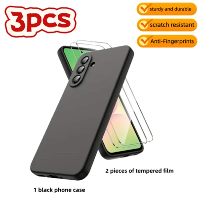 1个黑色防摔手机壳，含2张钢化膜，适用于三星系列、Galaxy系列及其他型号手机/防摔手机壳。手机壳、手机保护壳、手机套、防摔手机壳、黑色手机壳、简约手机壳、纯色手机壳、TPU防摔手机壳、防水、防摔、防刮钢化膜