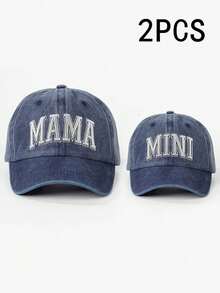 2顶绣有“MAMA + MINI”字样的亲子款水洗棒球帽，可调节户外遮阳帽，男女童均适用，适合春季、秋季、旅行、海滩等场合。 - 刺繡 - 查看 5